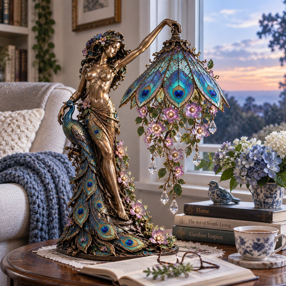 🦚 Peacock Goddess Stained Table Lamp