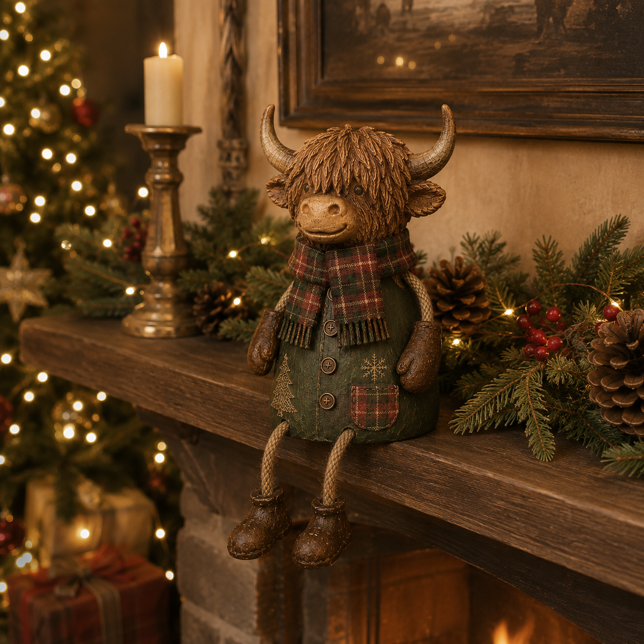 Festive Highland Cow Shelf Sitter with dangling rope legs