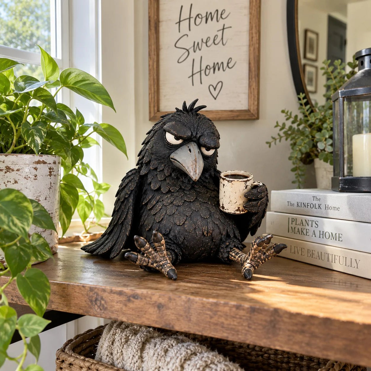 Raven figurine displayed on a bright wooden shelf with books and plants