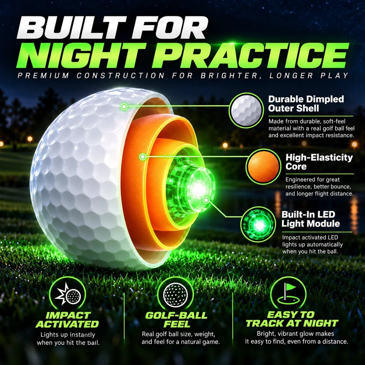 Light-Up Golf Ball ⛳ – Impact-Activated 6-Color LED Design for Nighttime Practice
