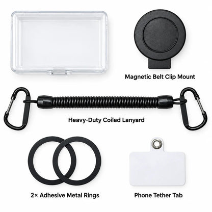 Magnetic Phone Holster 📱 – Quick-Release Belt Mount with Coil Lanyard