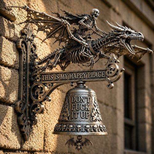 🐉 Gothic Dragon Skull Rider Wall Bell – “This Is My Happy Place” Fantasy Home Decor 🔔