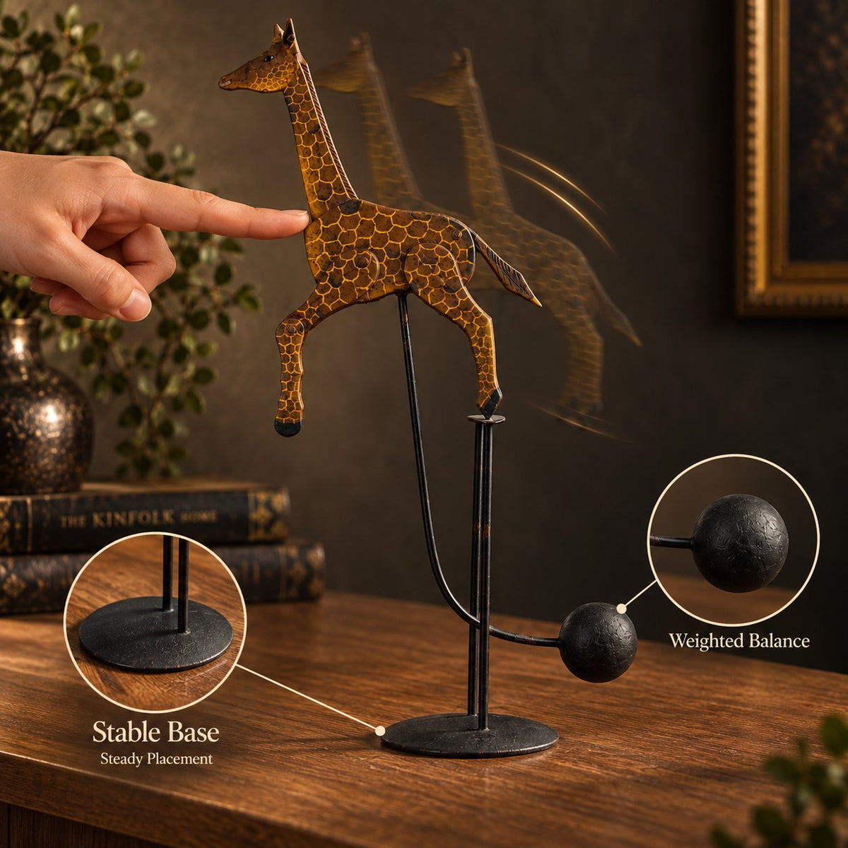 Handcrafted Balancing Giraffe Kinetic Desk Sculpture Mid-Century Kinetic Art Statue for Office Desktop & Home Table Decor