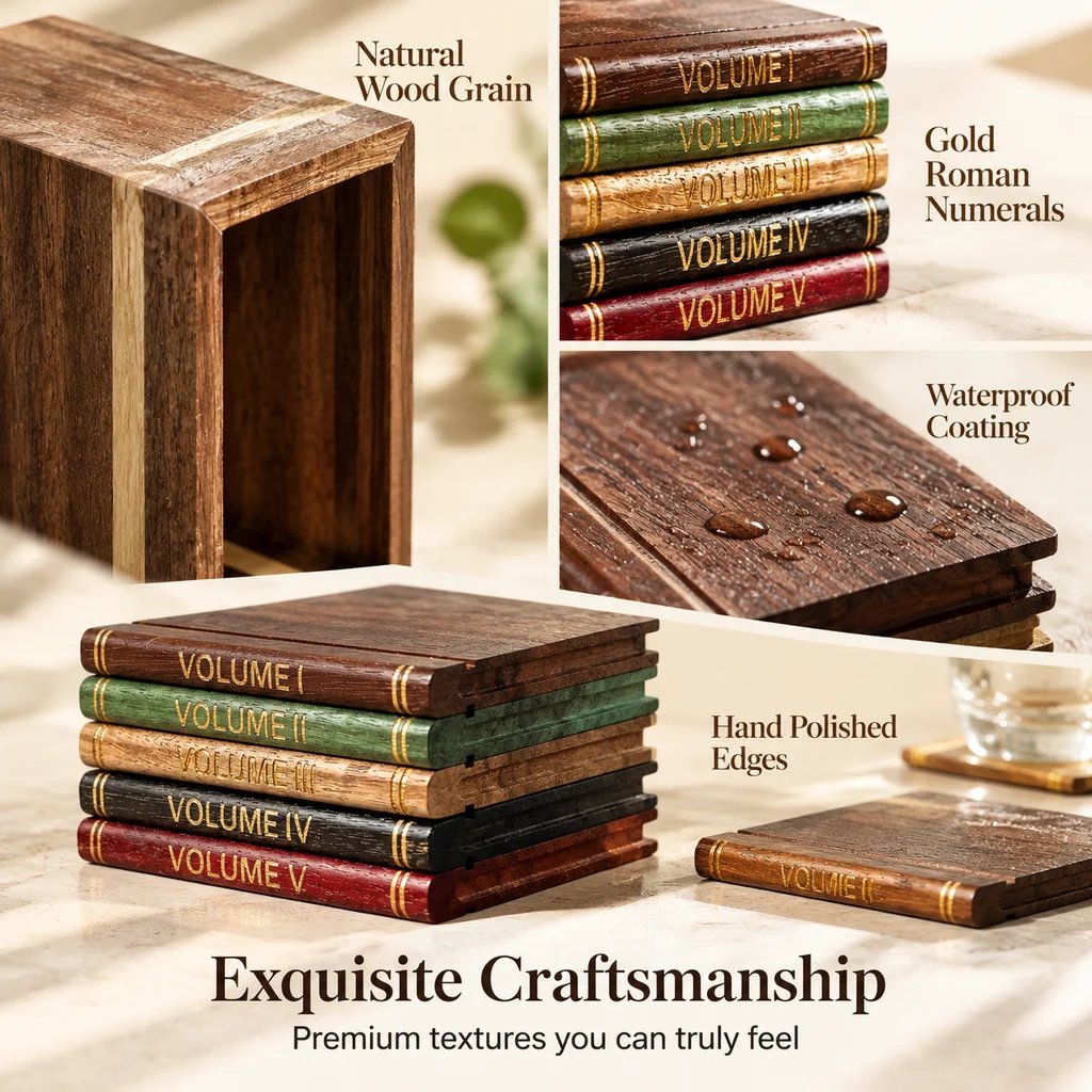 📚 Vintage Book-Style Coaster Set – Includes Upright Storage Holder