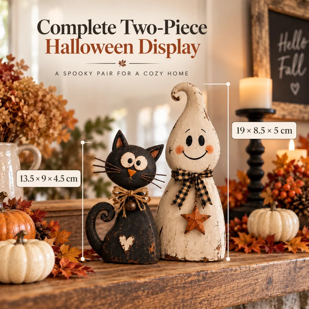 🐈‍⬛ Ghost & Black Cat Halloween Figurines – Vintage-Inspired Decor