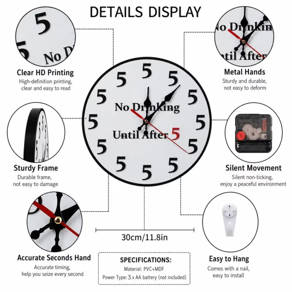 Happy Hour Starts at Five 🍹 Funny Round Wall Clock for Bar & Kitchen Décor