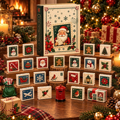 Christmas Stamps Advent Calendar 24‑Piece Mini Acrylic Ornament Set, Nostalgic Postal Art Countdown for Xmas Home Decor & Holiday Gift‑Giving