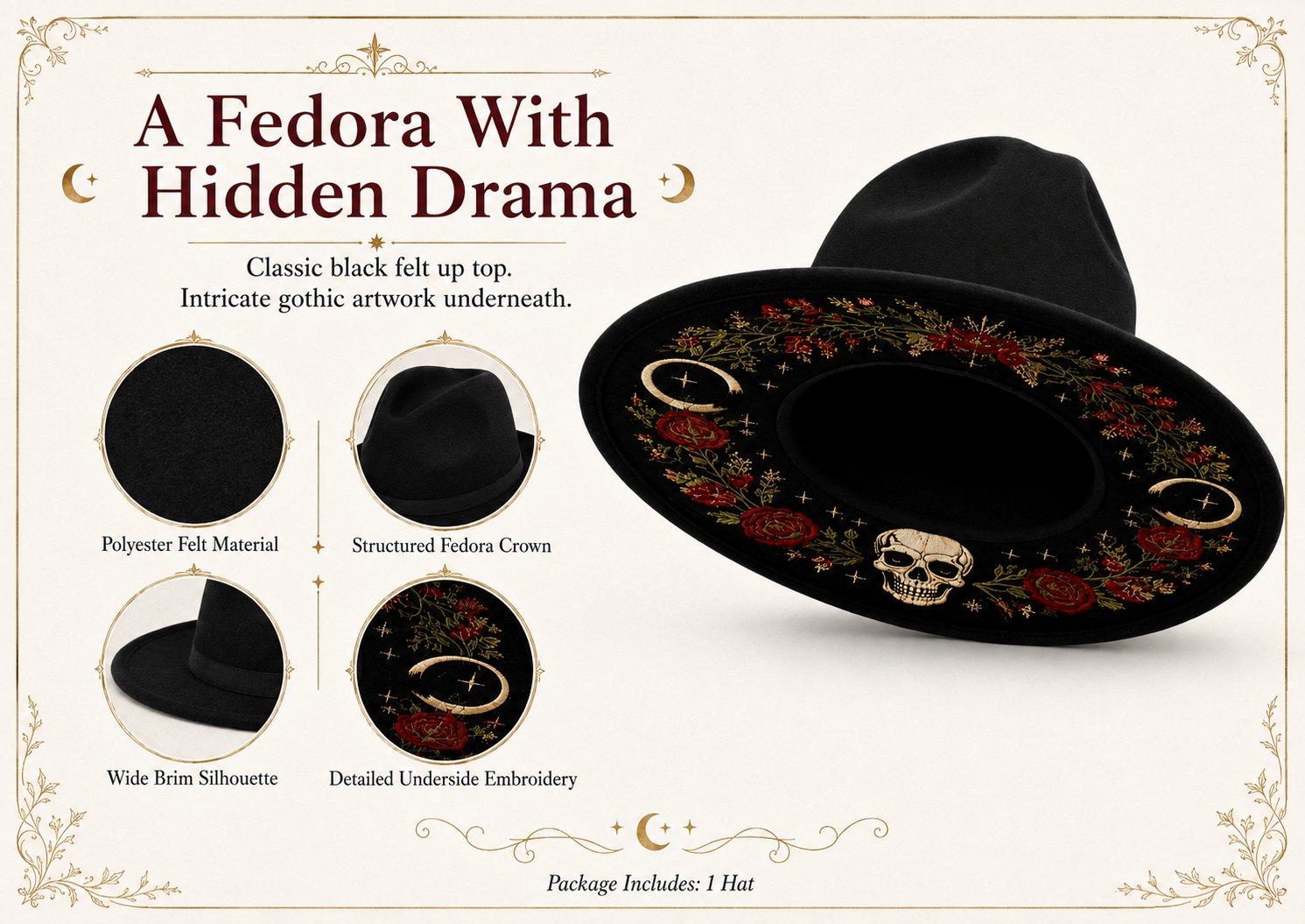 🖤 Gothic Embroidered Wide Brim Fedora Hat | Black Felt Design with Detailed Underside Embroidery in 7 Witchy, Celestial & Halloween Styles 🌙