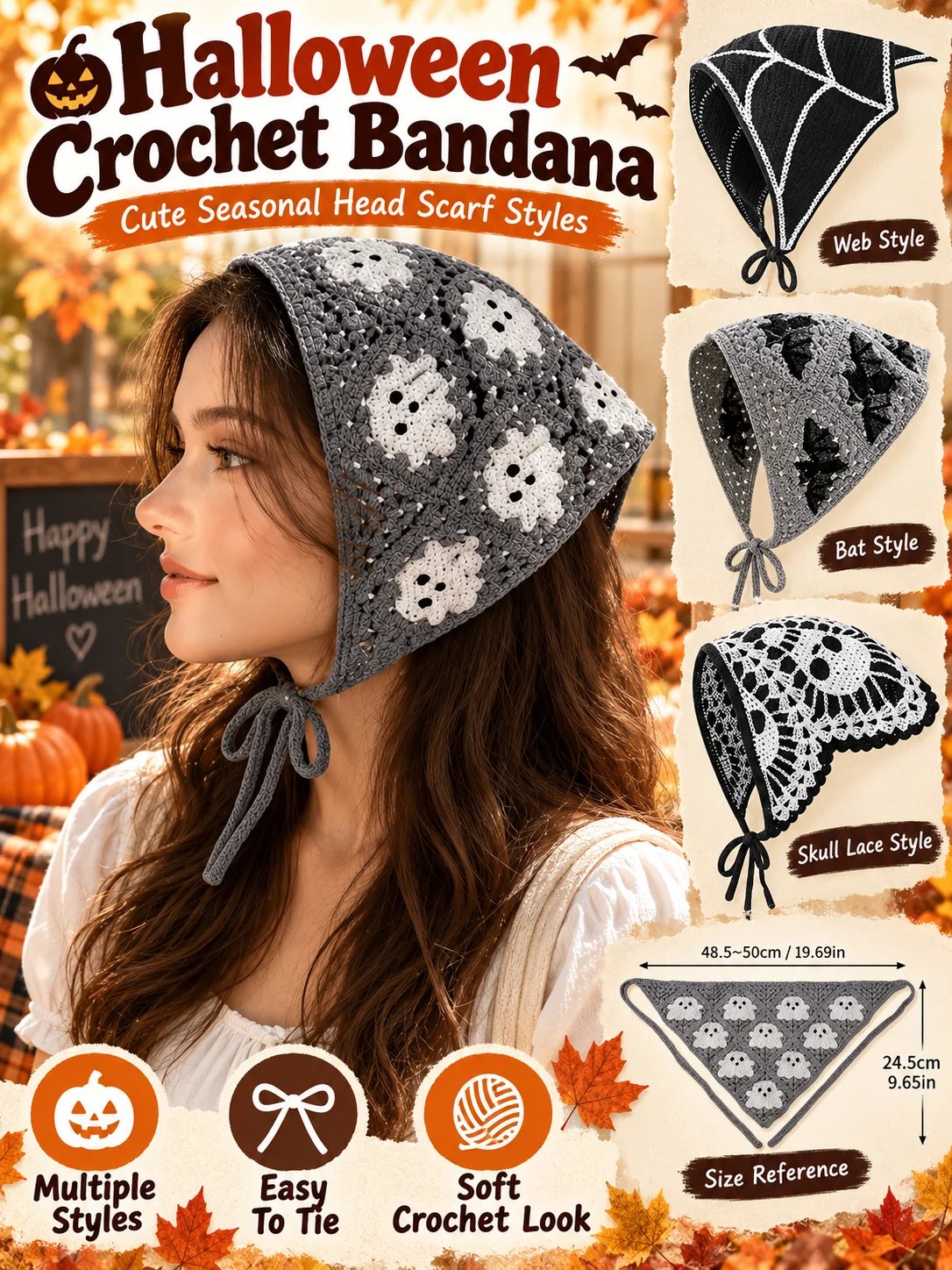 🔥HOT SALE🔥🎃 Halloween Style Deal – Boho Ghost Print Head Scarf 👻 Cute Seasonal Hair Accessory for Festive Looks 🦇