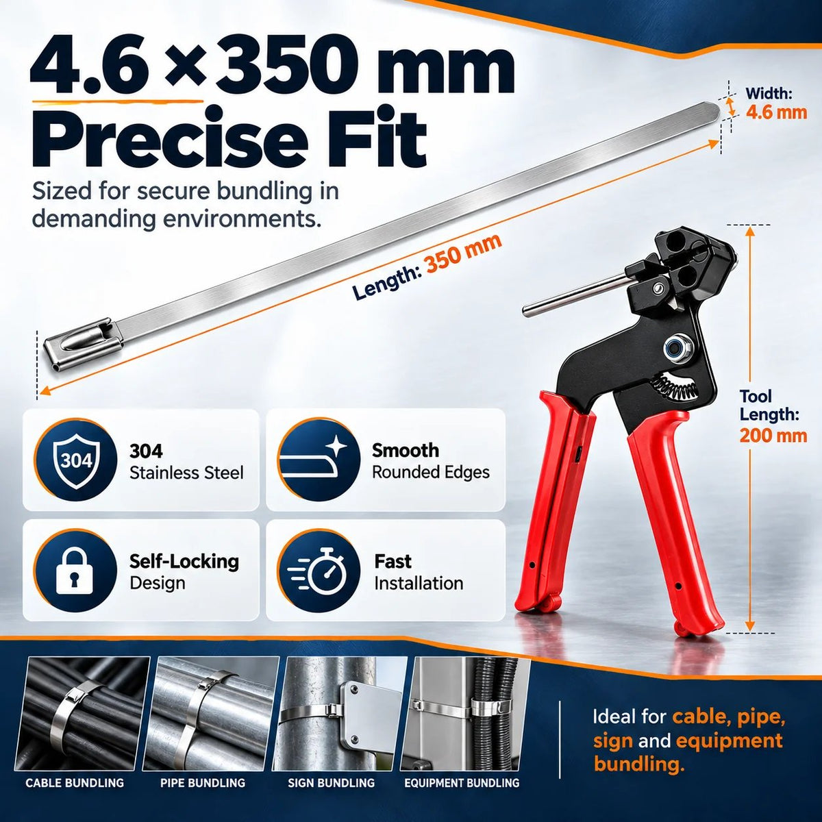 🛠️ 100-Pack 304 Stainless Steel Cable Ties – Tensioning Tool Included
