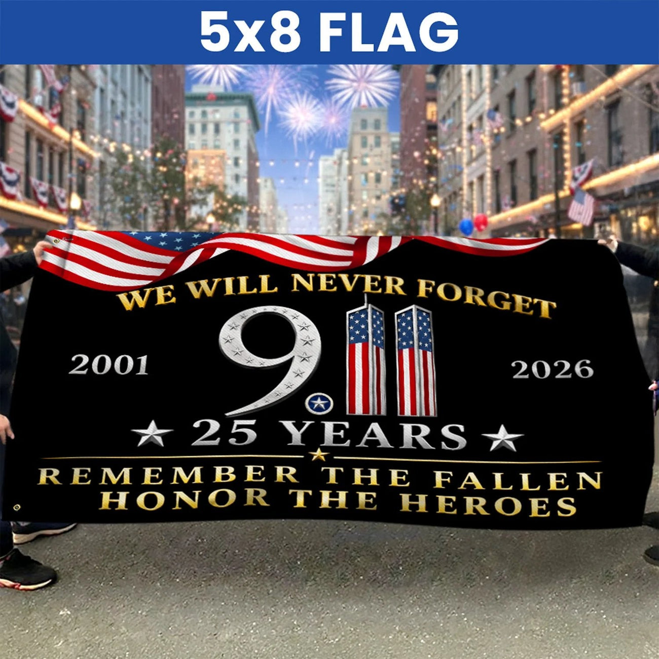 Memorial flag product view showing the anniversary artwork