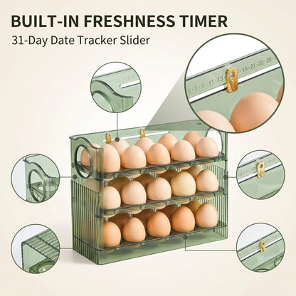 🥚 30-Egg Fridge Keeper – Clear Stackable Storage Tray with Protective Lid, Green
