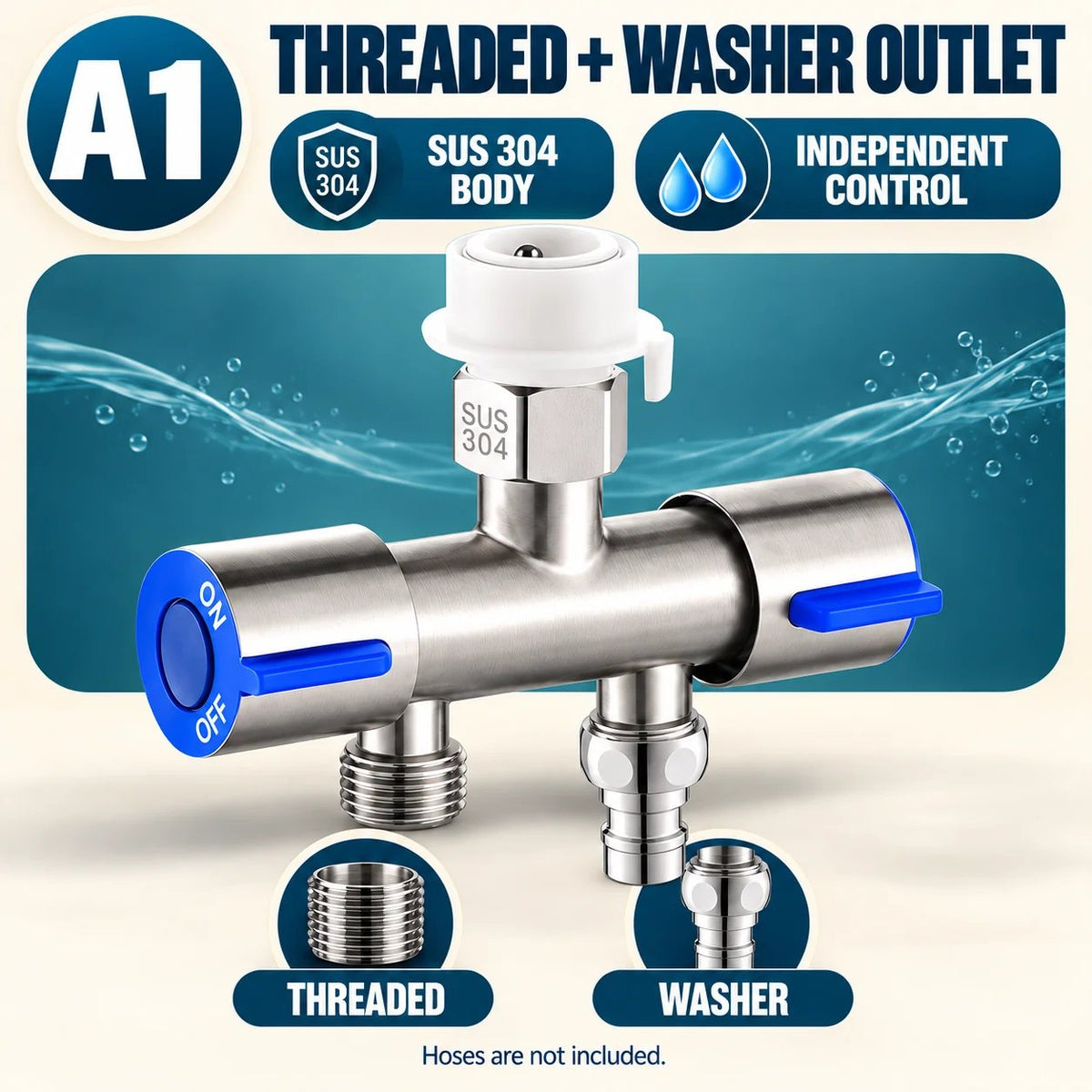 SUS 304 Dual-Control Faucet Diverter 🚿 – 2-Way Hose & Washer Connection