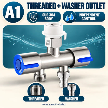 SUS 304 Dual-Control Faucet Diverter 🚿 – 2-Way Hose & Washer Connection