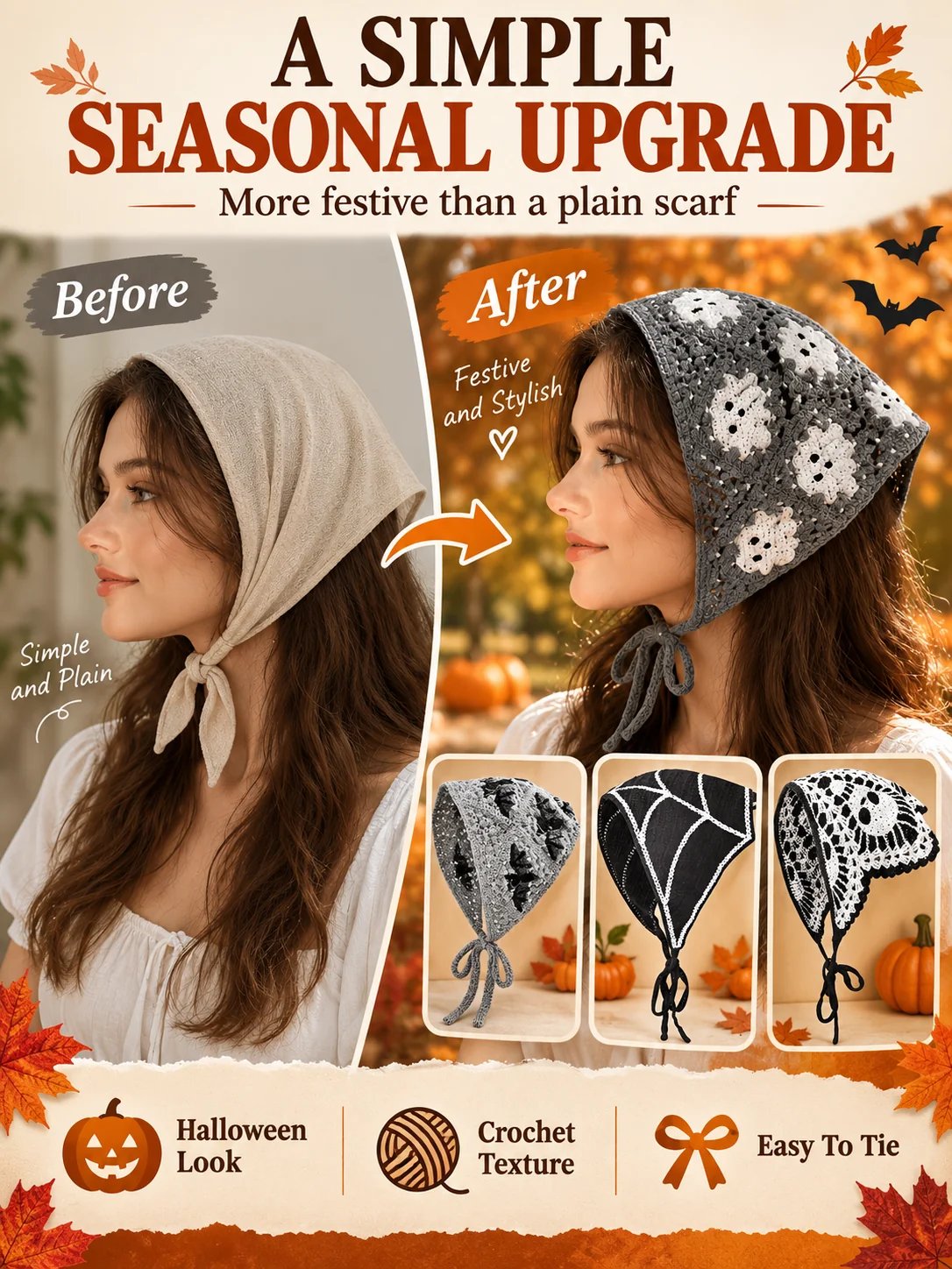 🔥HOT SALE🔥🎃 Halloween Style Deal – Boho Ghost Print Head Scarf 👻 Cute Seasonal Hair Accessory for Festive Looks 🦇