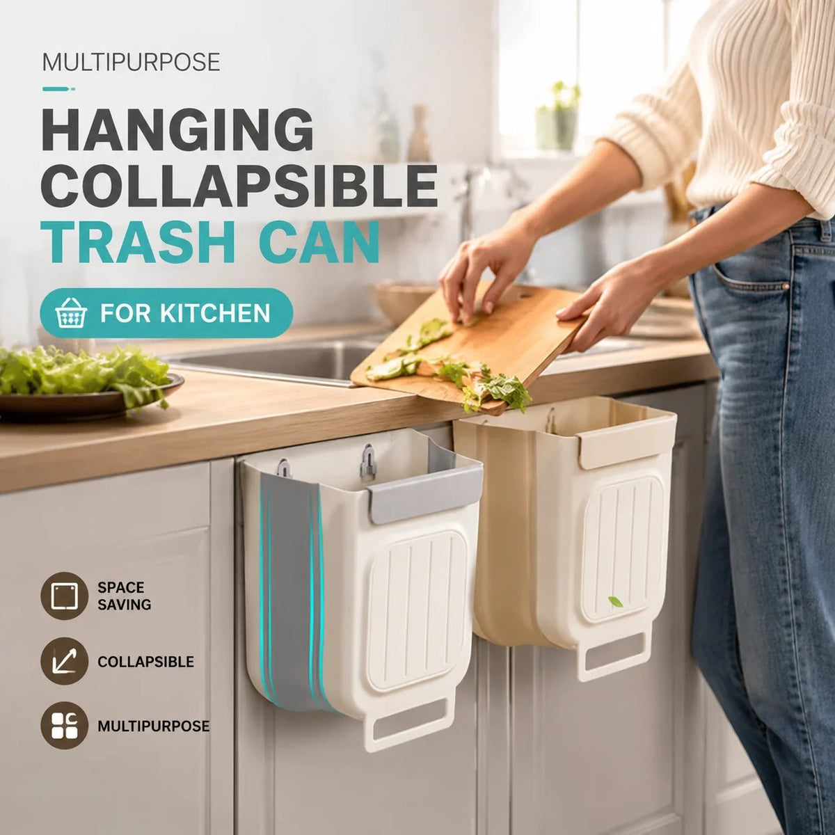 🗑️ Hanging Collapsible Trash Can – Space-Saving Bin for Kitchen & Cabinets