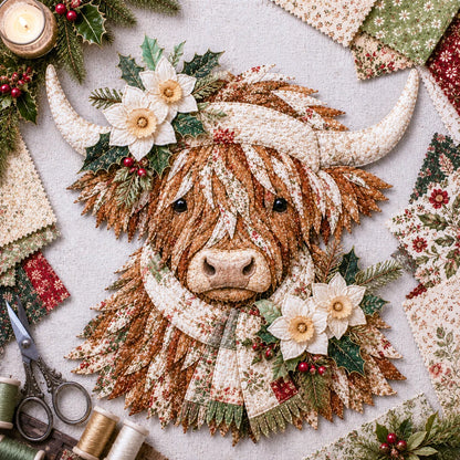 🐮💐🌸 Birth Flower Highland Cow 3D Layered Fabric Art DIY Kit (Beginner-friendly)