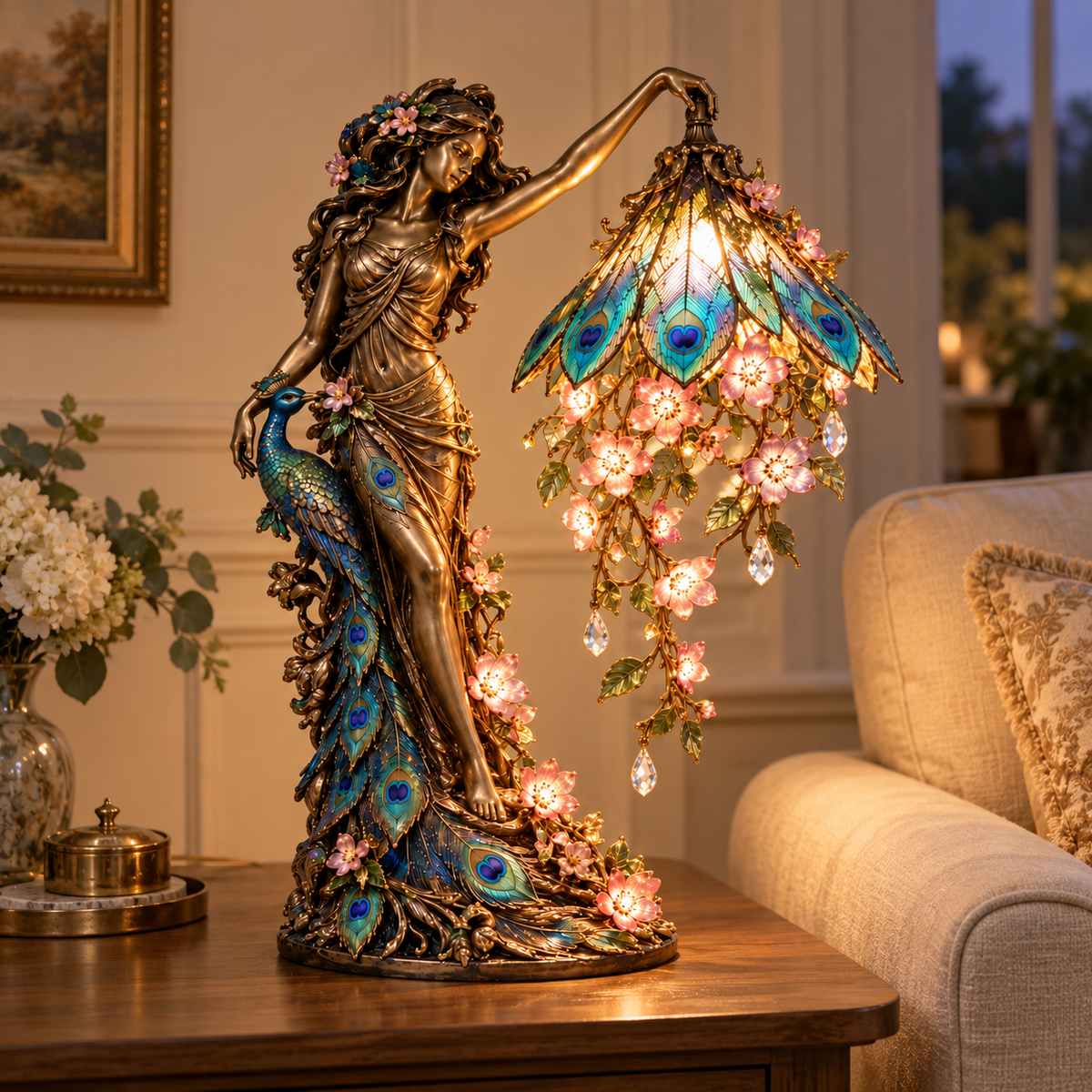 Peacock Goddess lamp displayed on a side table beside a cream sofa