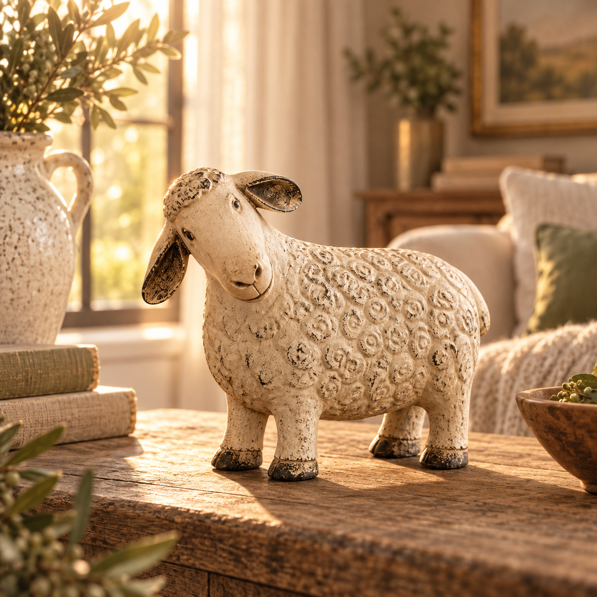 Rustic cream sheep figurine displayed in a warm farmhouse room