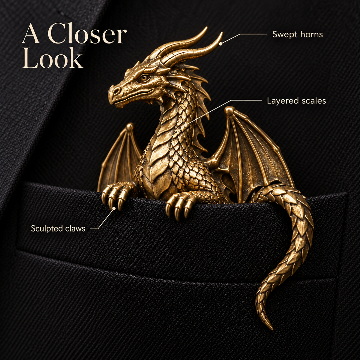 Close-up of dragon horns, layered scales and claws