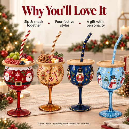 🎄🍷 Christmas Sip & Snack Wine Glass – Charcuterie Topper & Straw in 4 Festive Designs