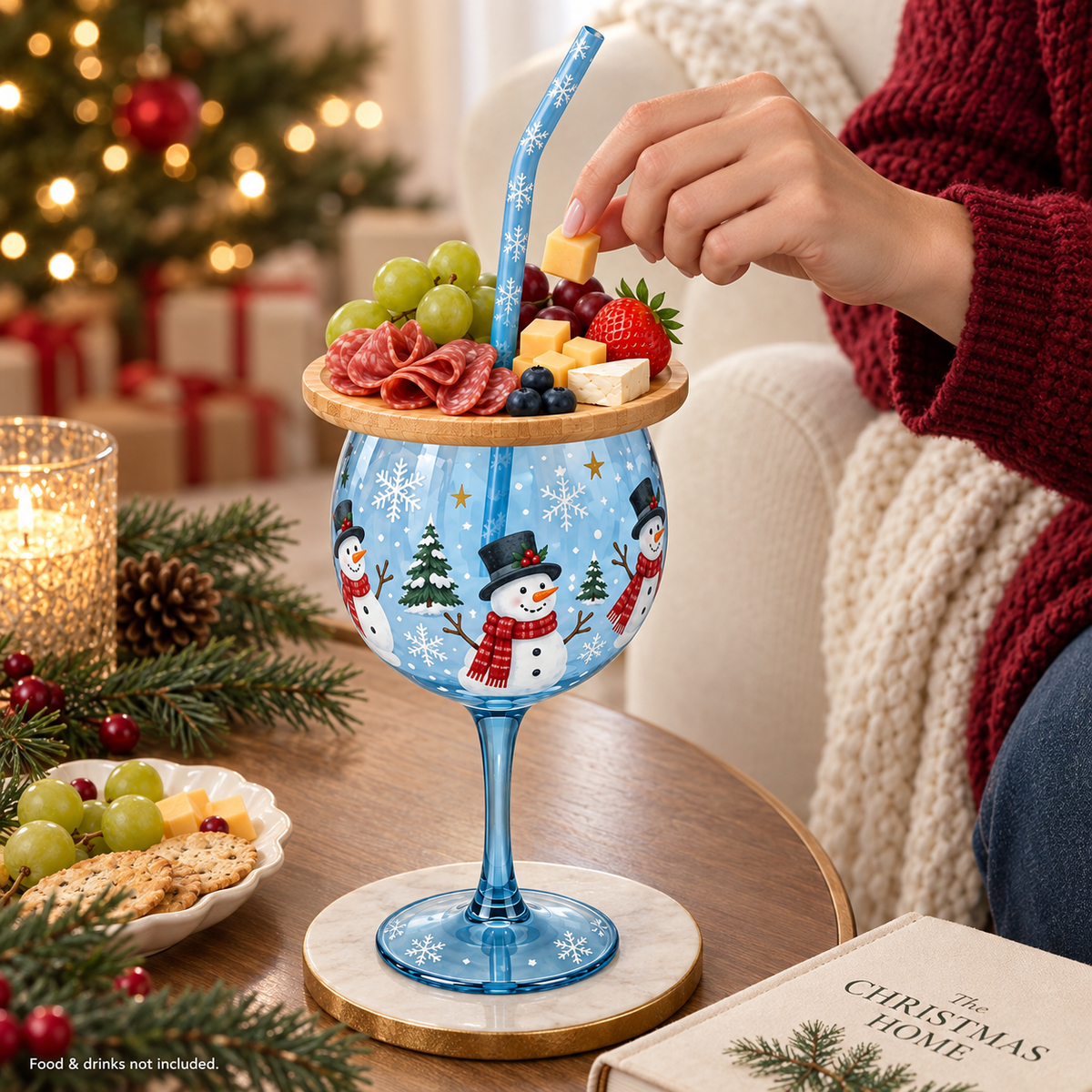 🎄🍷 Christmas Sip & Snack Wine Glass – Charcuterie Topper & Straw in 4 Festive Designs