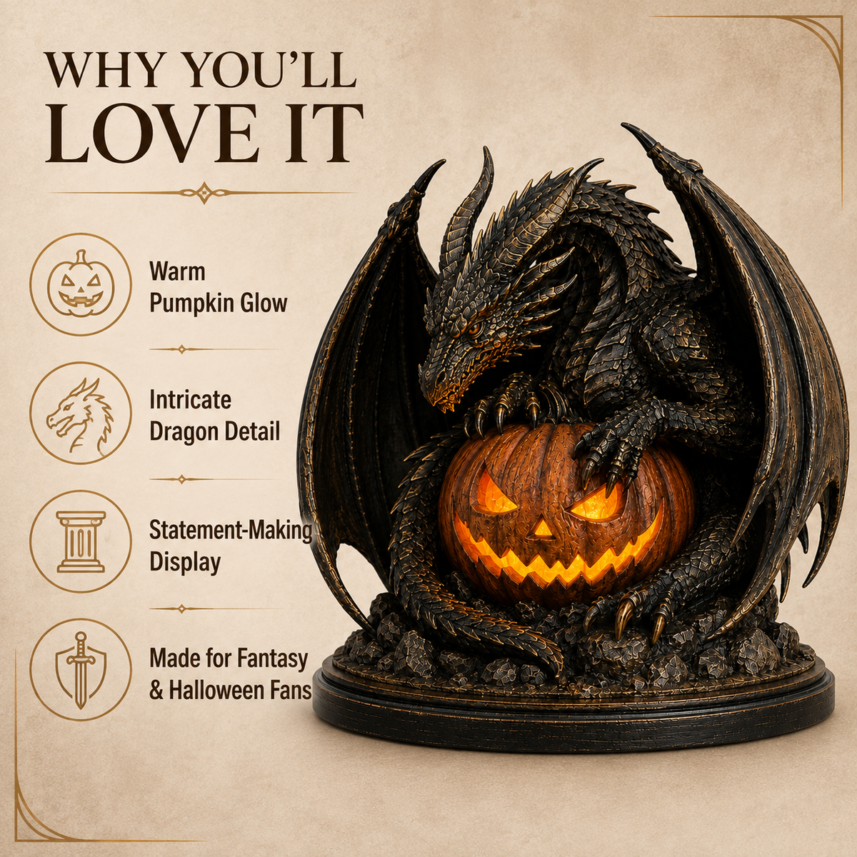 Illustrated guide to the Dragon Guardian's warm glow, sculpted detail, and statement display presence