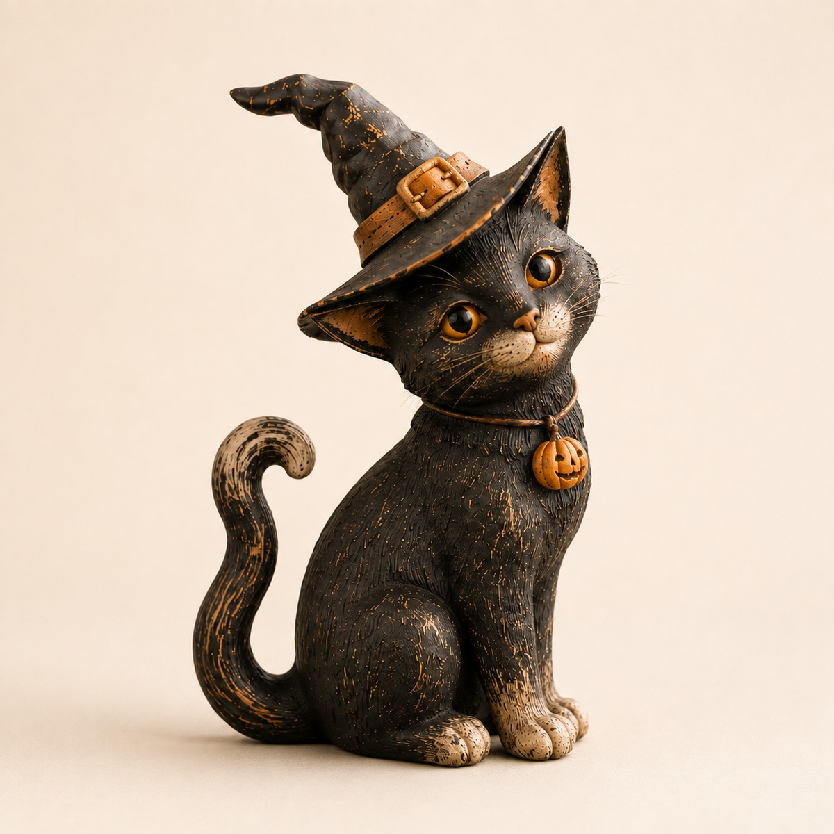 Full angle view of the black witch cat Halloween figurine