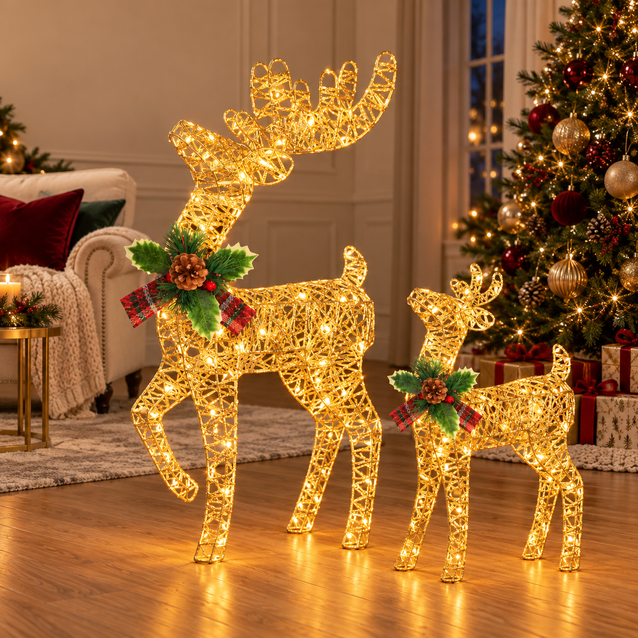 Glowing Christmas reindeer duo beside a decorated tree