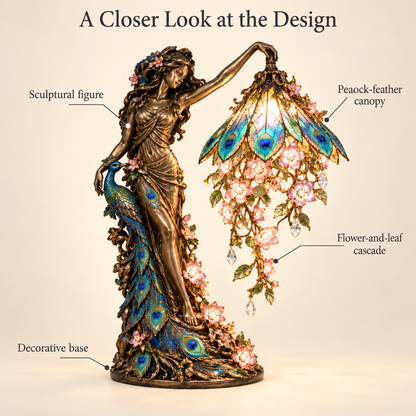 🦚✨ Enchanted Peacock Goddess Table Lamp – Floral Art Nouveau Accent Light