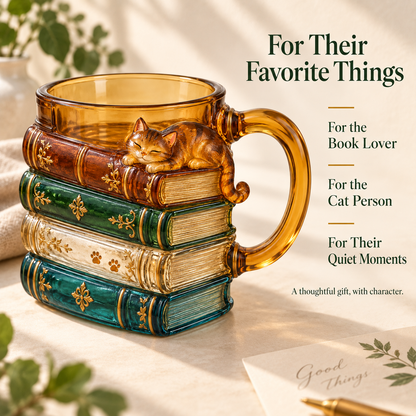🐱📚 Cozy Book Stack Cat Mug – Whimsical Vintage Coffee Cup for Book & Cat Lovers