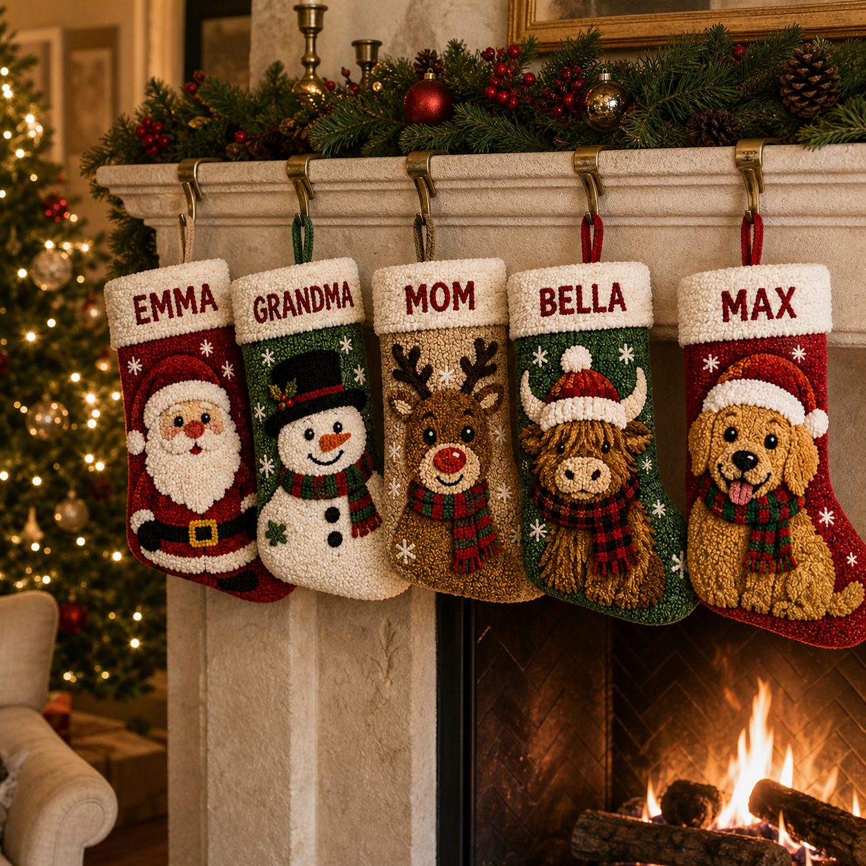 Five personalized character Christmas stockings hanging above a family fireplace