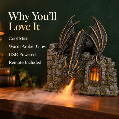 🐉🔥 Fire-Breathing Dragon Castle Mist Lamp – Glowing LED Flame Effect & Remote Control ✨