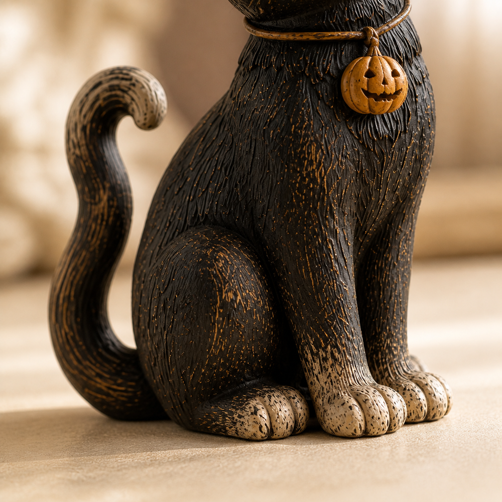 Close view of the cat figurine paws, curled tail and distressed finish