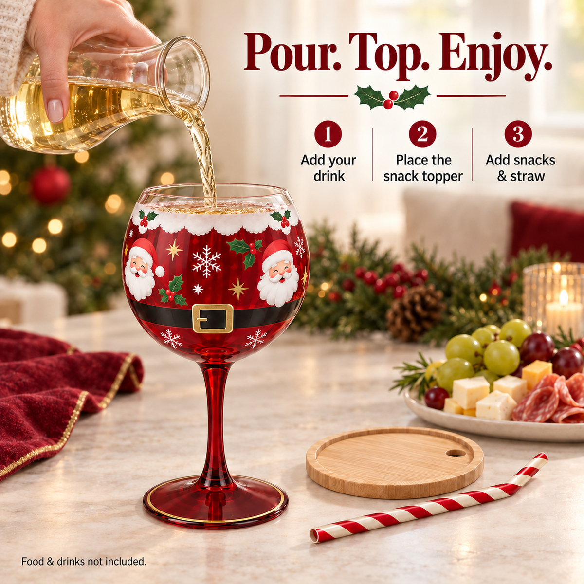 🎄🍷 Christmas Sip & Snack Wine Glass – Charcuterie Topper & Straw in 4 Festive Designs
