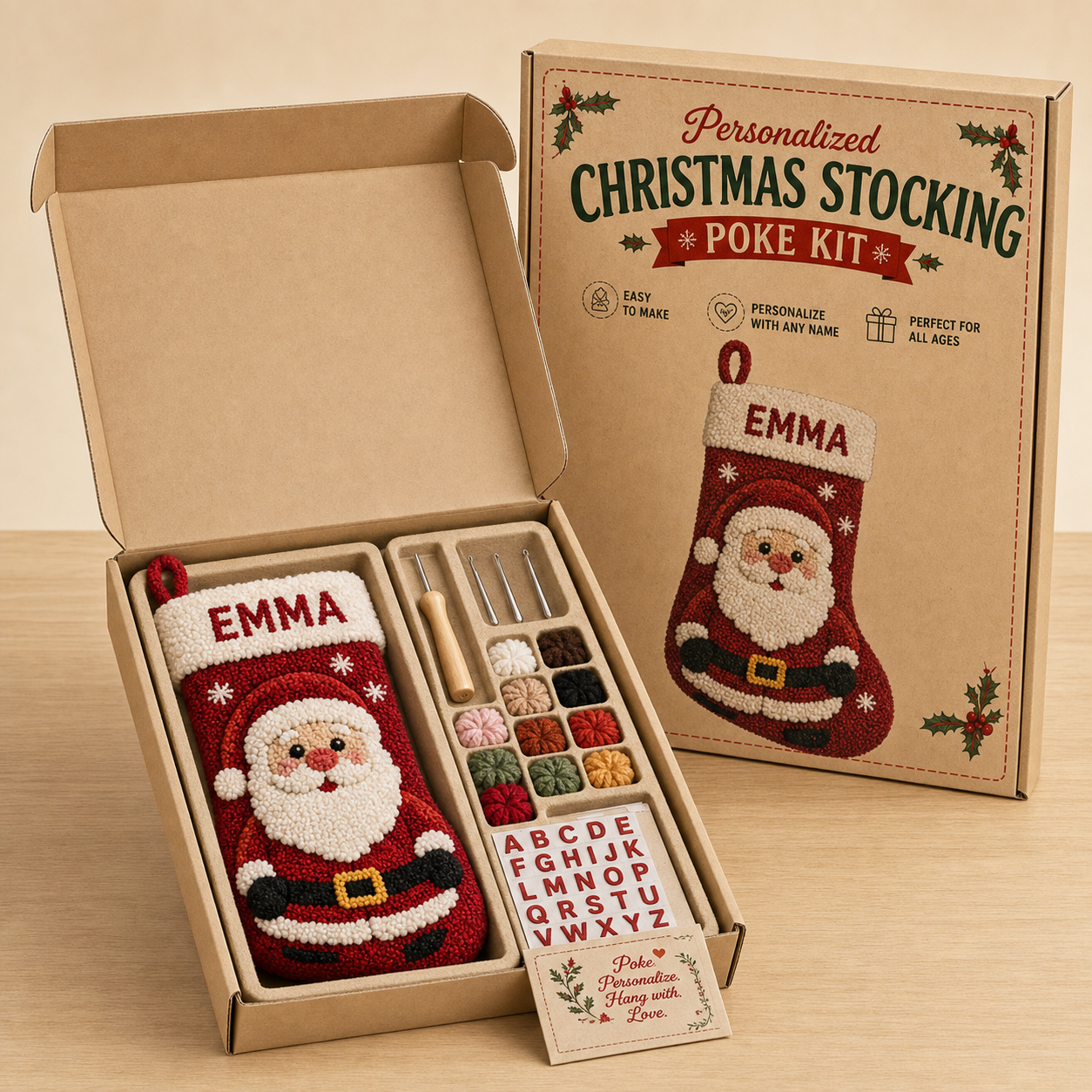 Christmas stocking kit with character stocking, poke tool and personalization materials