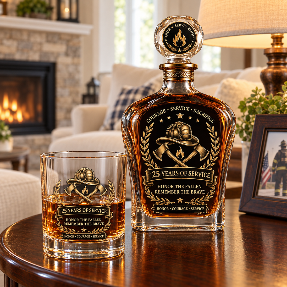 Firefighter tribute whiskey decanter displayed in a home setting