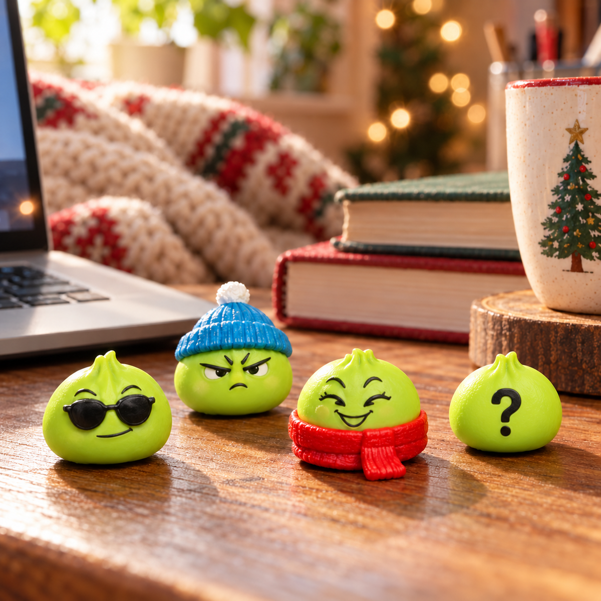 Illustrated desk arrangement with sunglasses, blue hat, red scarf and question-mark green characters