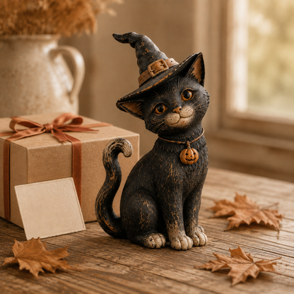 🐈‍⬛🎃 Whimsical Witch Cat Figurine – Rustic Halloween Black Cat Décor & Spooky Keepsake