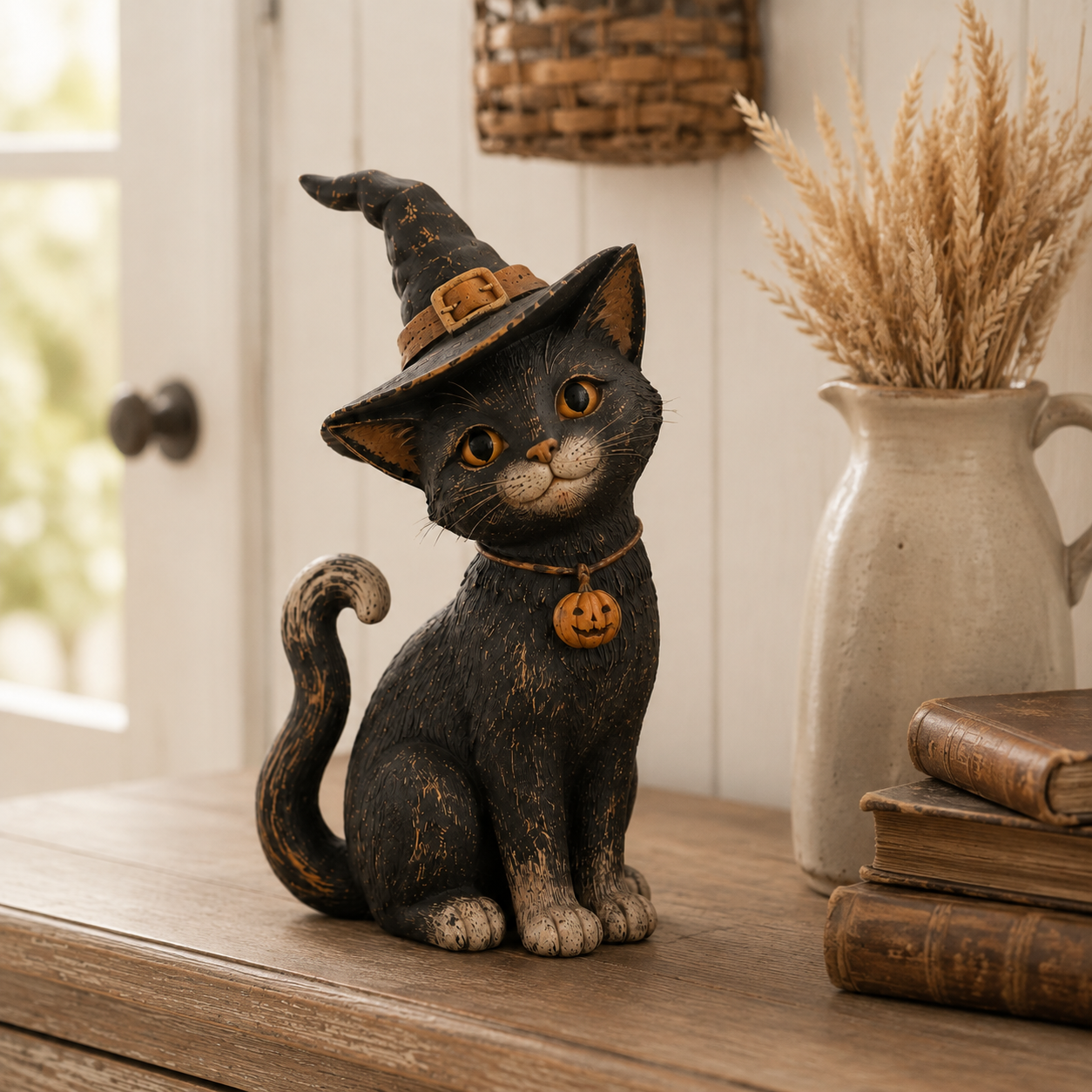 🐈‍⬛🎃 Whimsical Witch Cat Figurine – Rustic Halloween Black Cat Décor & Spooky Keepsake
