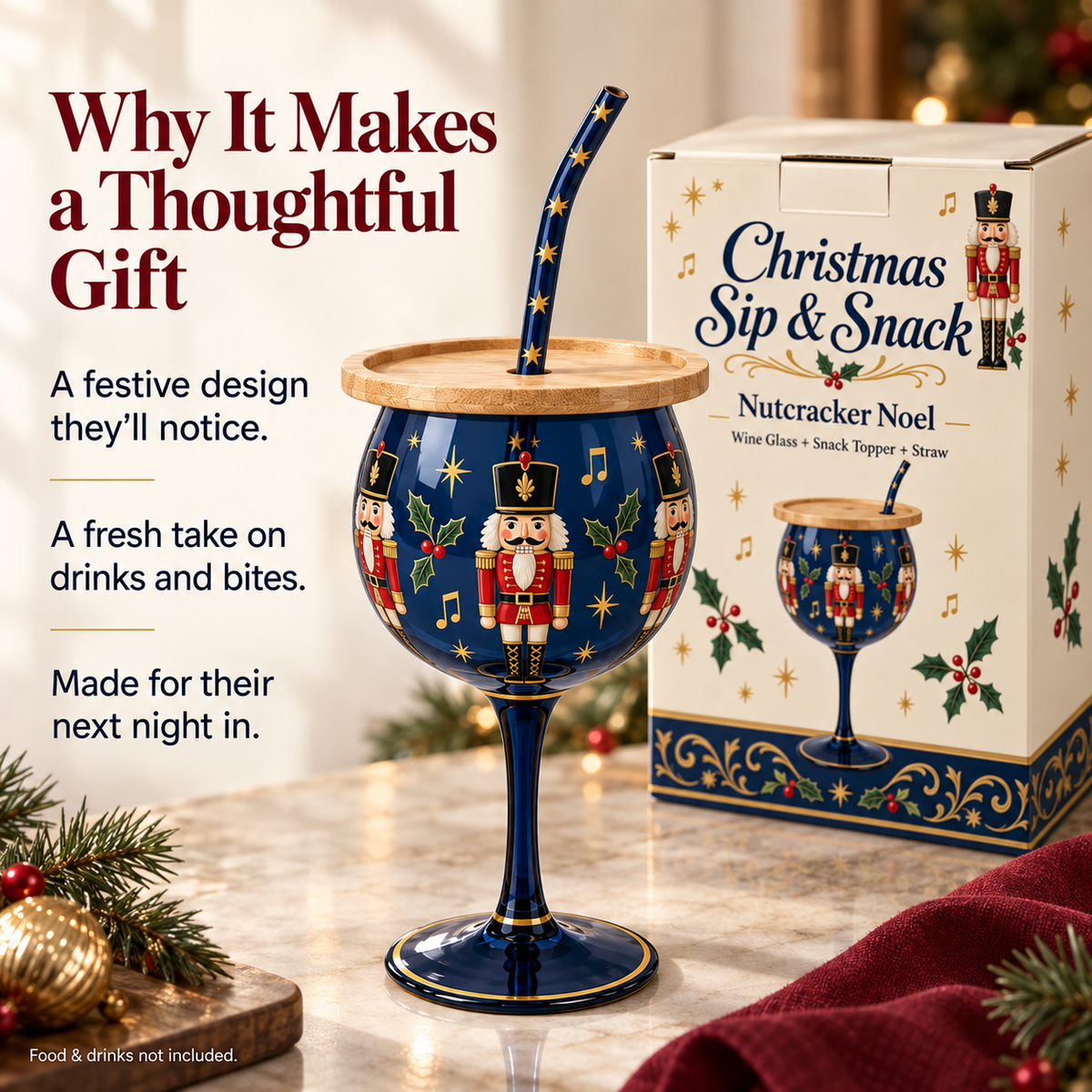 🎄🍷 Christmas Sip & Snack Wine Glass – Charcuterie Topper & Straw in 4 Festive Designs