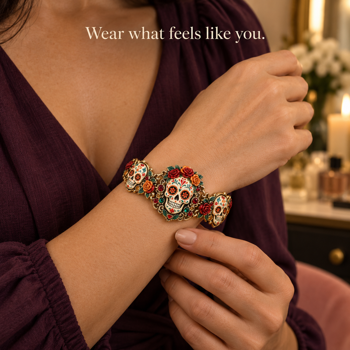 💀🌹 Día de los Muertos Sugar Skull Bracelet Collection – Colorful Floral Memorial Jewelry ✨
