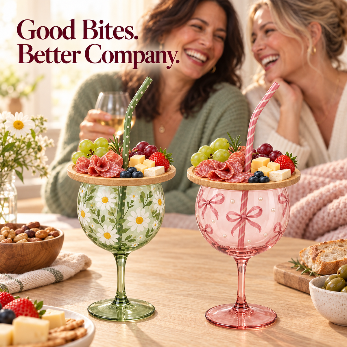 🍷 Sip & Snack Wine Glass Set – Charcuterie Topper with Straw
