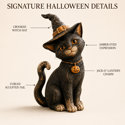 🐈‍⬛🎃 Whimsical Witch Cat Figurine – Rustic Halloween Black Cat Décor & Spooky Keepsake