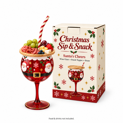 🎄🍷 Christmas Sip & Snack Wine Glass – Charcuterie Topper & Straw in 4 Festive Designs