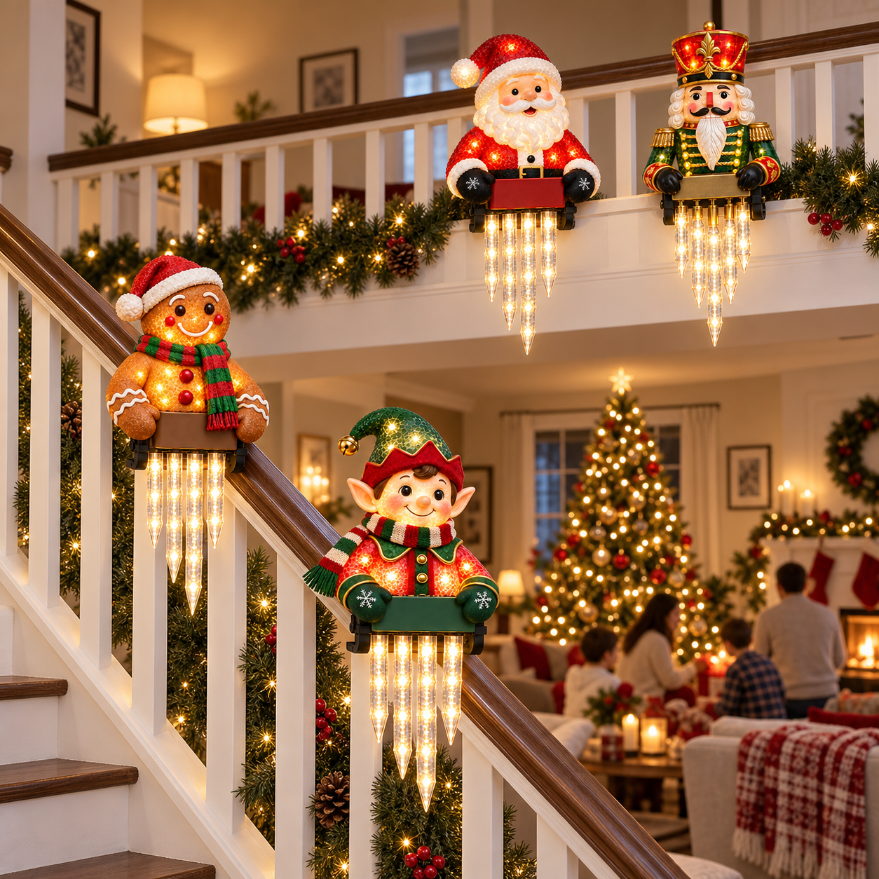 Four Christmas character icicle lights displayed along an indoor staircase railing