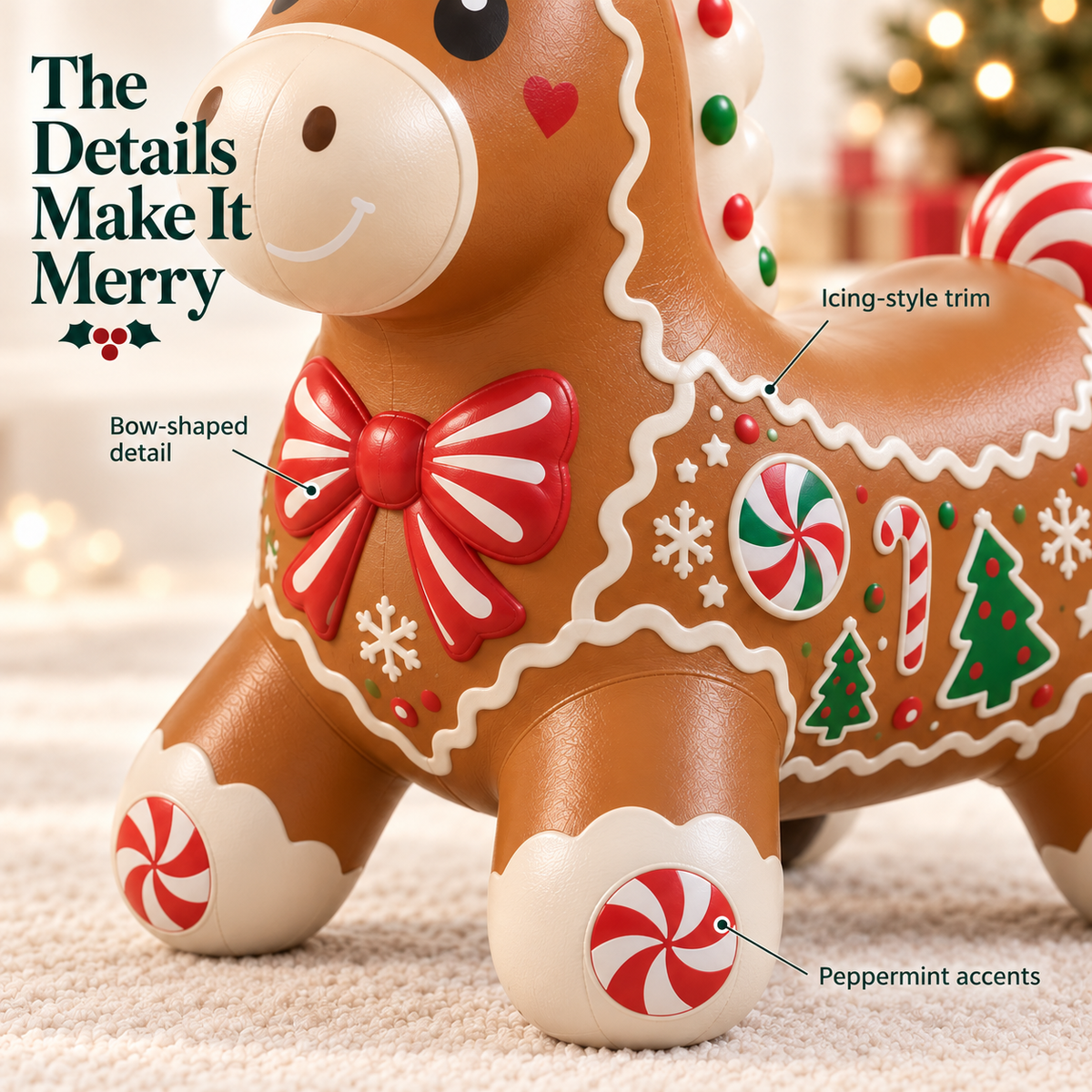Close-up of Gingerbread Pony bow, icing-inspired trim and peppermint details