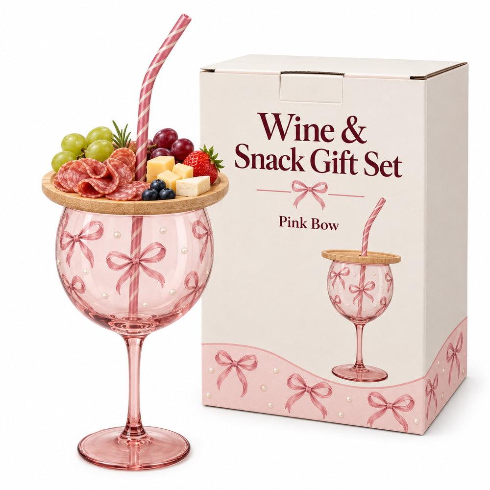 Pink bow patterned sip and snack wine cup set