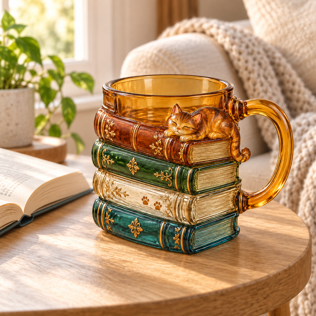 Cat mug beside an open book in a reading corner