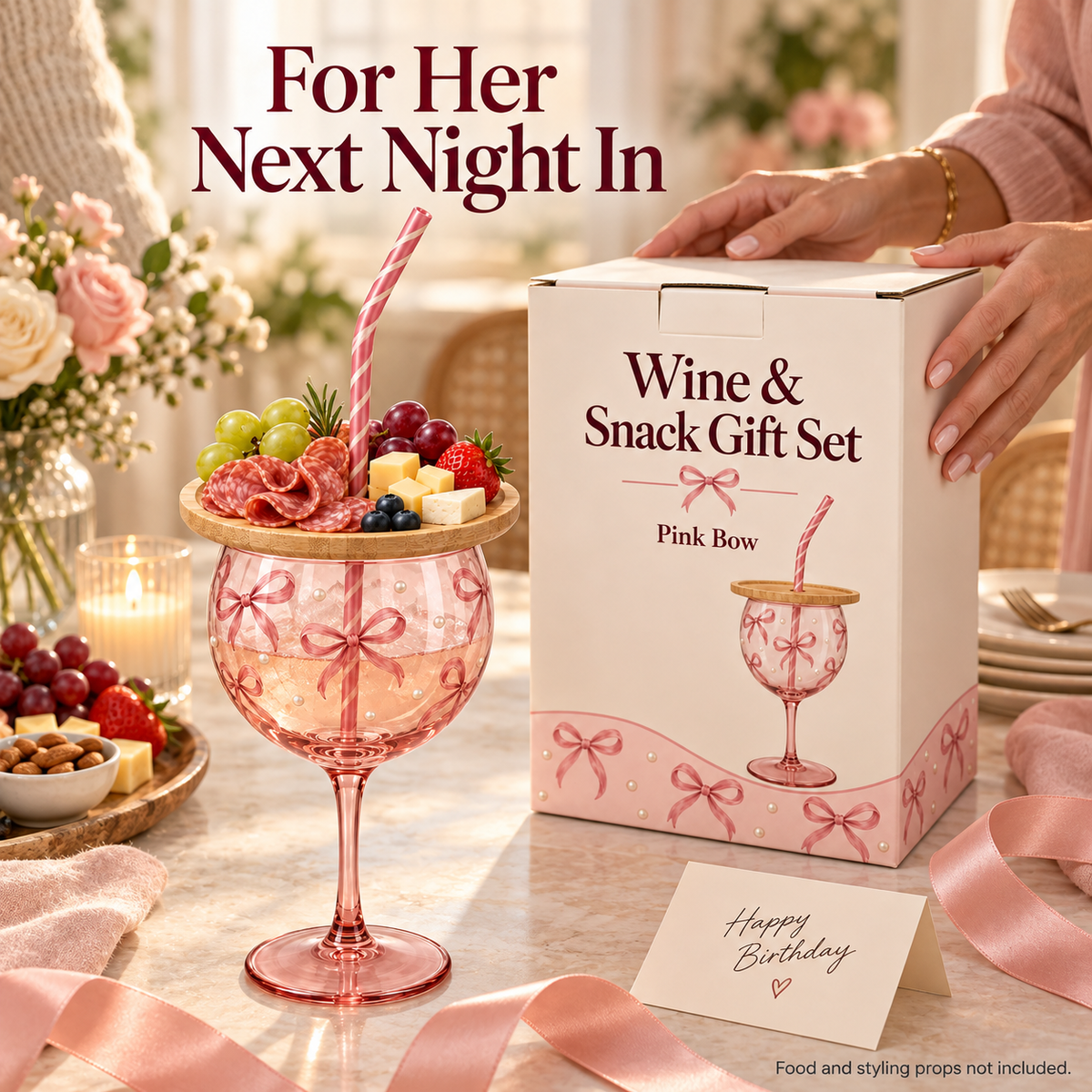 Pink bow sip and snack set presented as a birthday gift